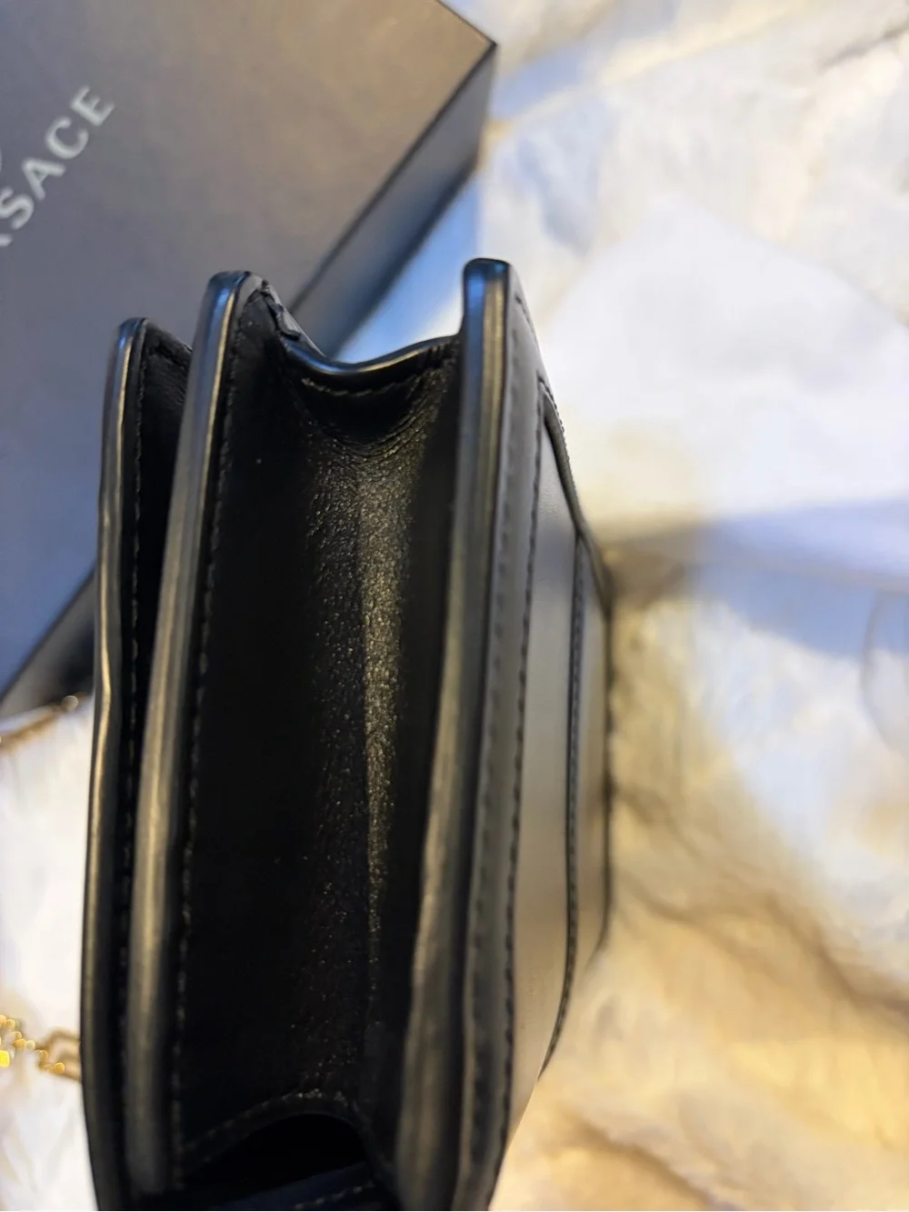 Versace Greca Goddess Black Leather Clutch with Gold Greek-Key Accent